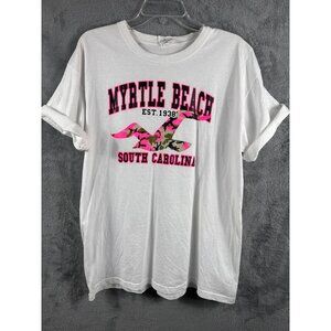 Myrtle Beach South Carolina White T-Shirt Anvil Pre-Shrunk Cotton Camo Pink Grap